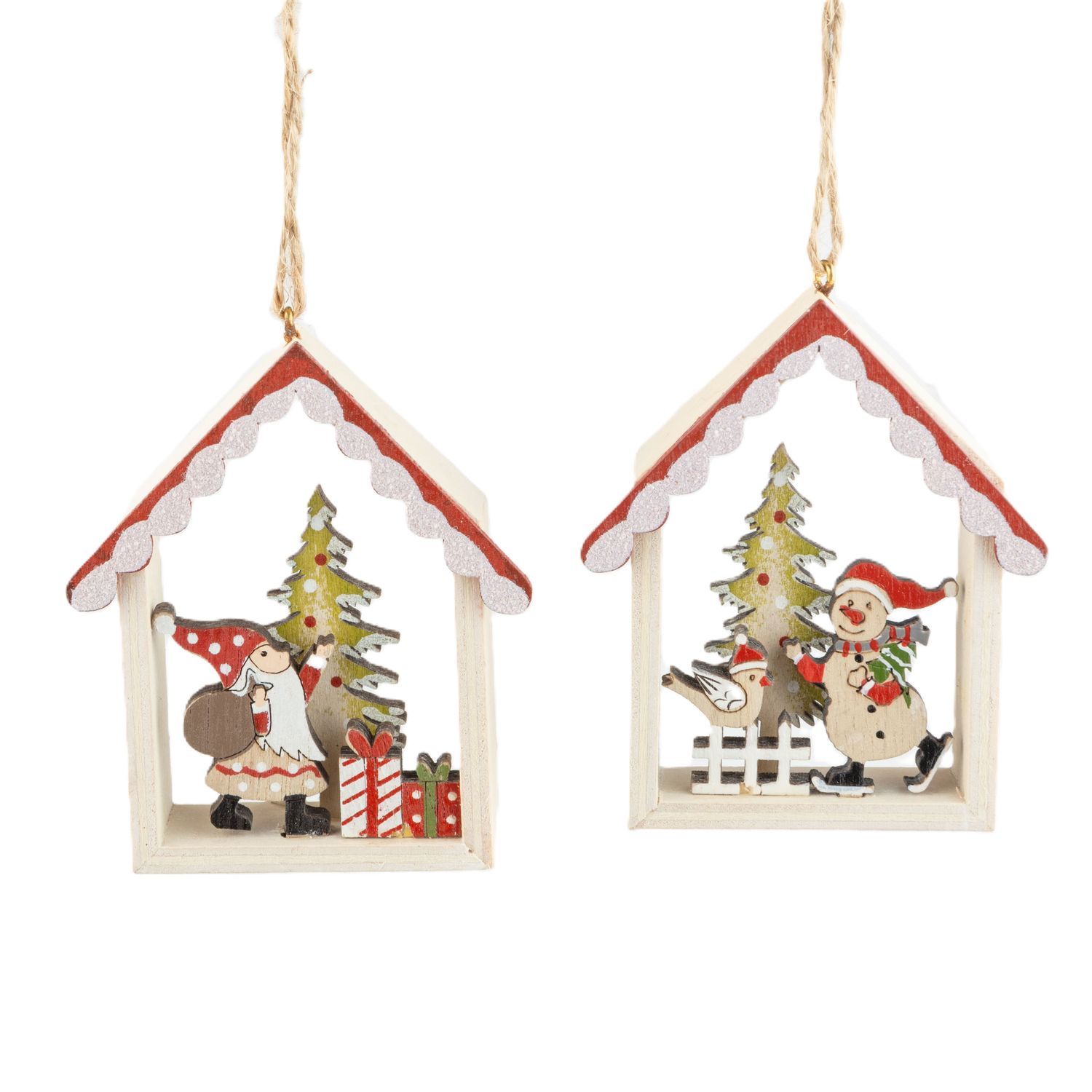 2 Asst&#39;d wood house ornament, natural wood snowman and red Santa in the house, 3.5 in  12      