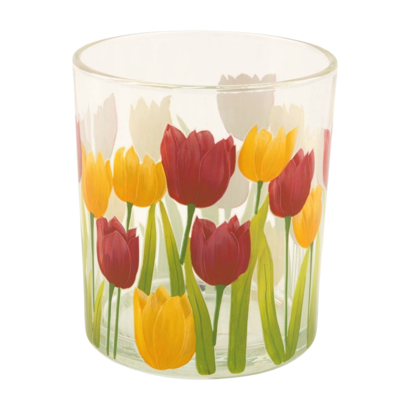 Clear glass votive holder with bright tulip pattern, 4 in  6       