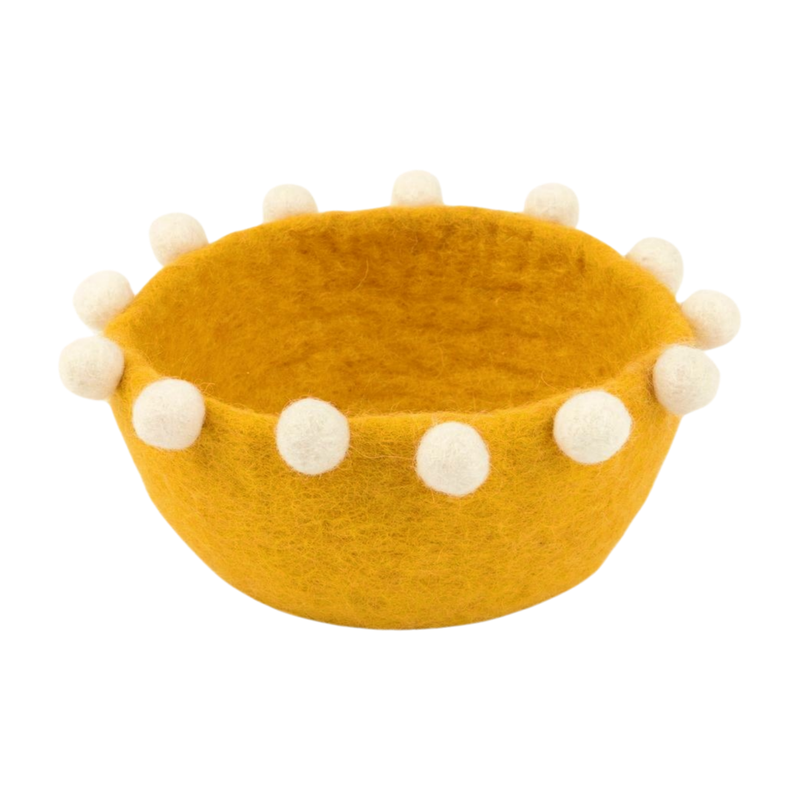 Felt basket with natural felt ball rim, yellow, 5 in  6       