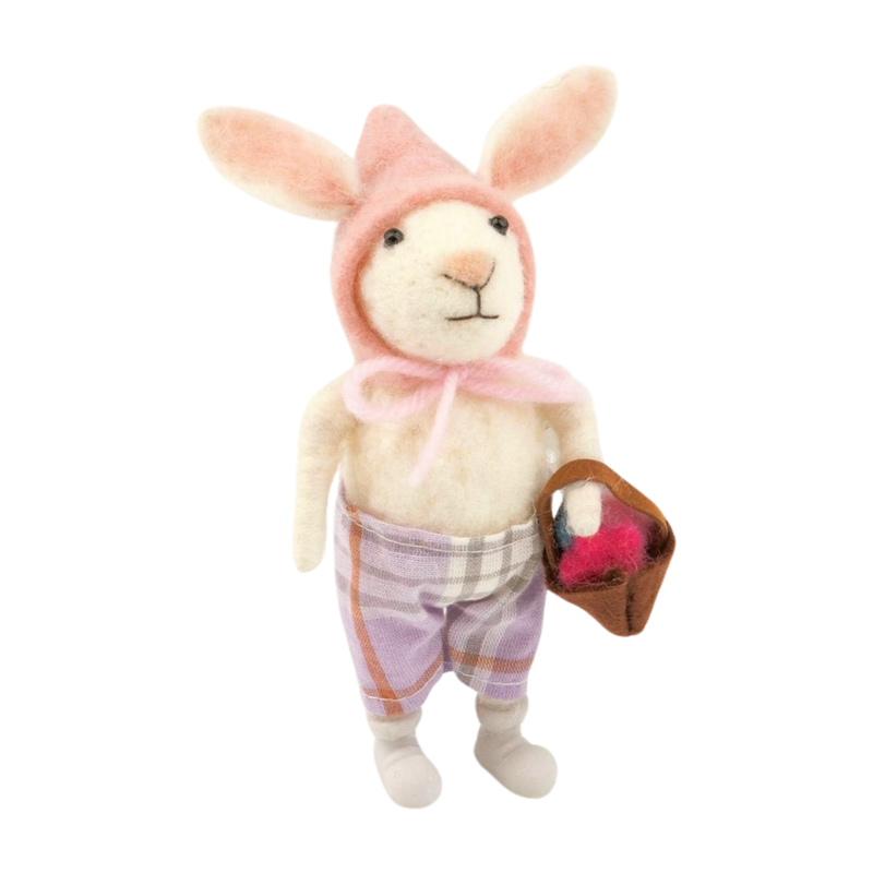 Felt bunny carrying Easter basket table piece, plaid pants with pale pink bonnet, resin shoes, 5 in  6       