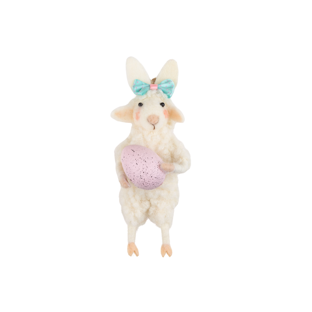 Felt lamb ornament with bunny ears, pale pink egg and blue hair clips, 6.75 in  6       