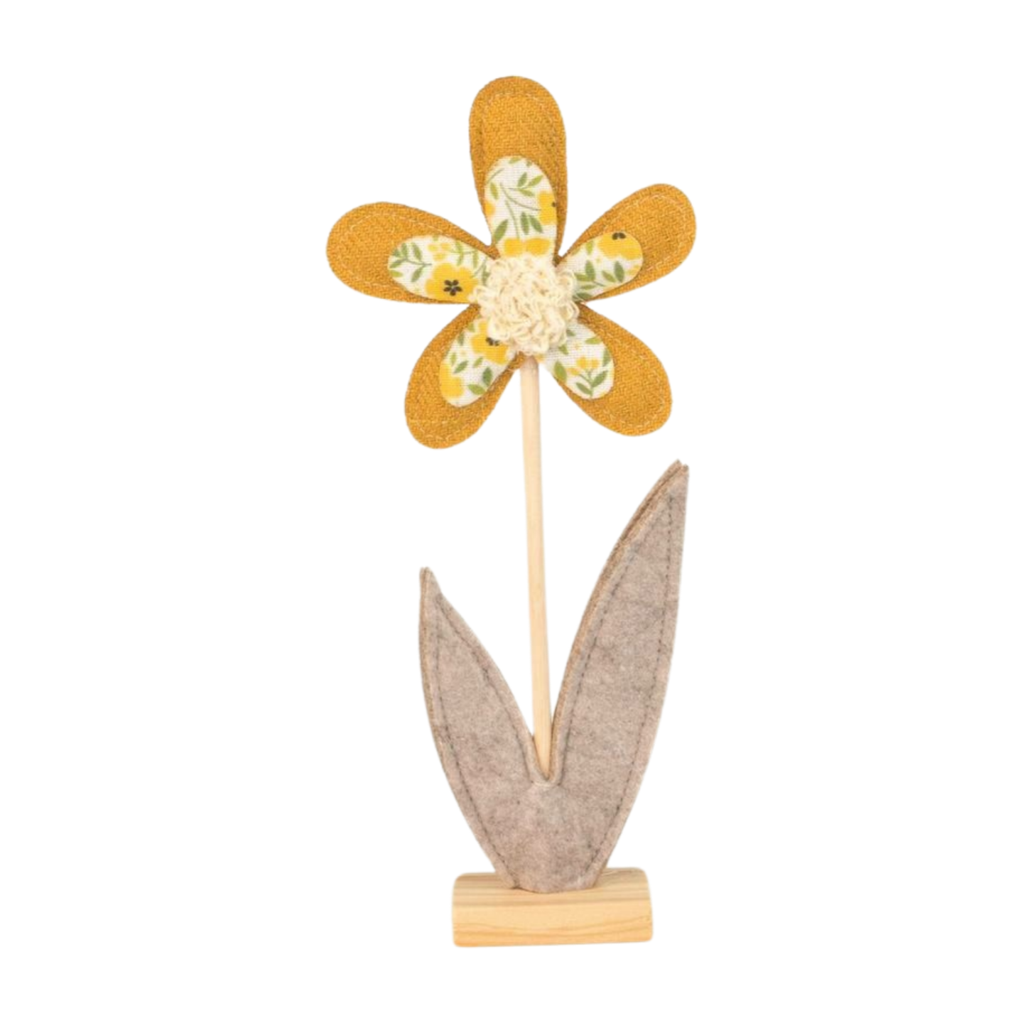 Floral fabric daisy table piece on wood base, 10 in  6       