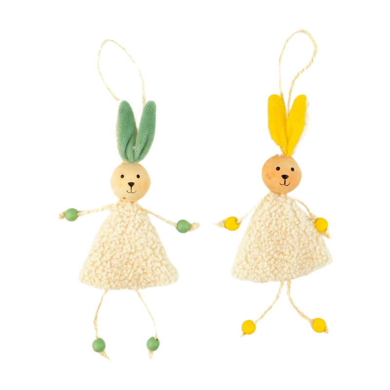 2 Asst&#39;d fabric bunny ornaments, pale yellow and green with wood bead trim, 3 in  24       