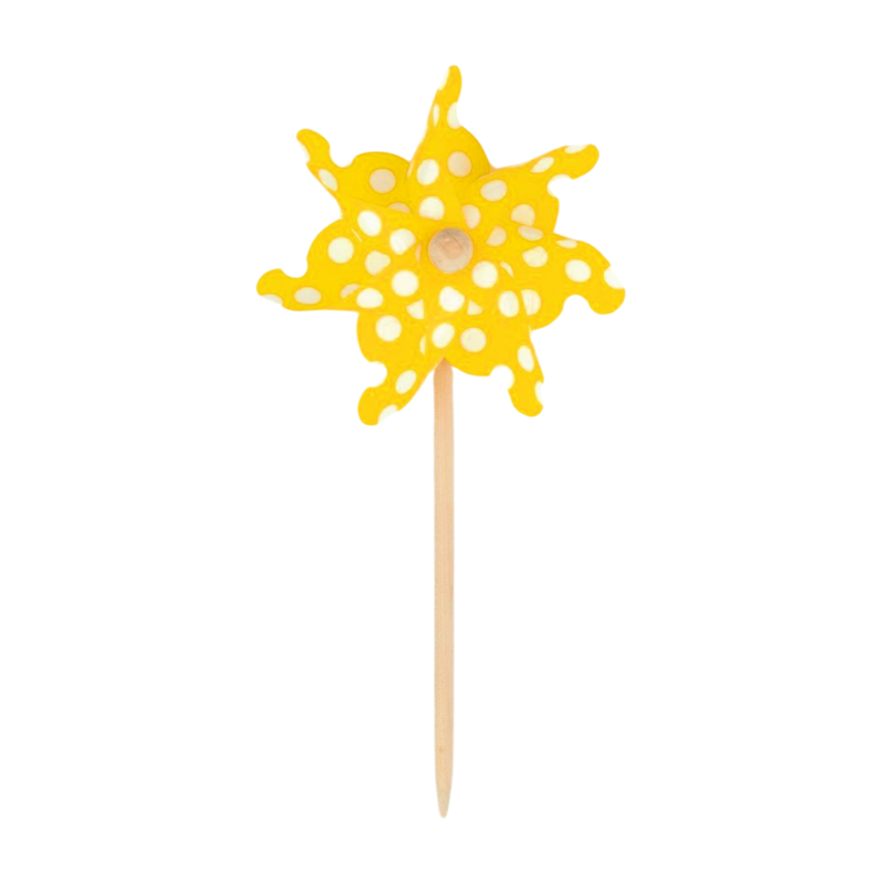 Yellow polka dot pinwheel on wood pole, 12 in  12       