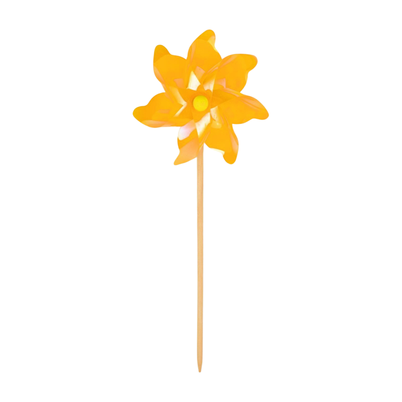 Iridescent yellow pinwheel on wood pole, 18 in  12       