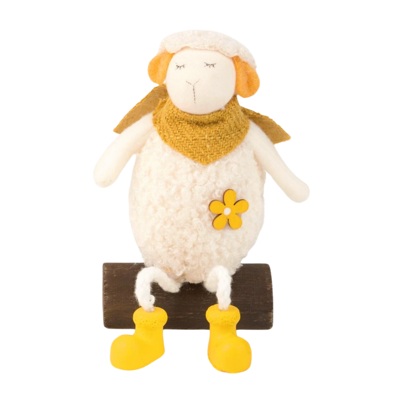 Fabric sheep table piece on wood base, white boucle, dangling feet with resin boots, 6 in  6       