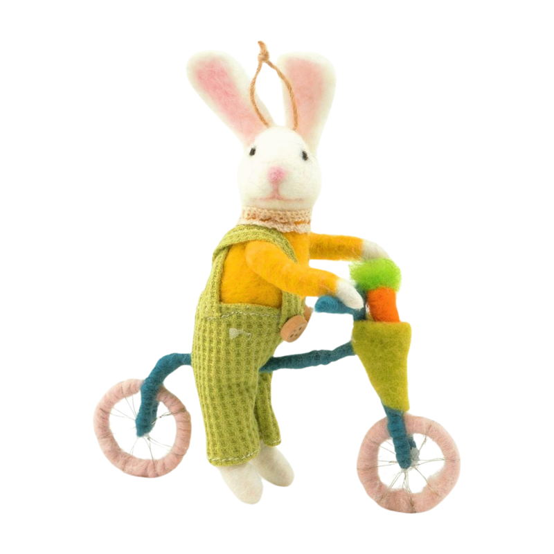 Felt bunny on bike ornament, 6 in  6       