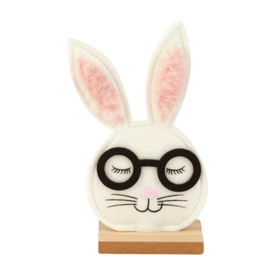 Felt bunny face with wood glasses, off white on wood base, 6 in  6       