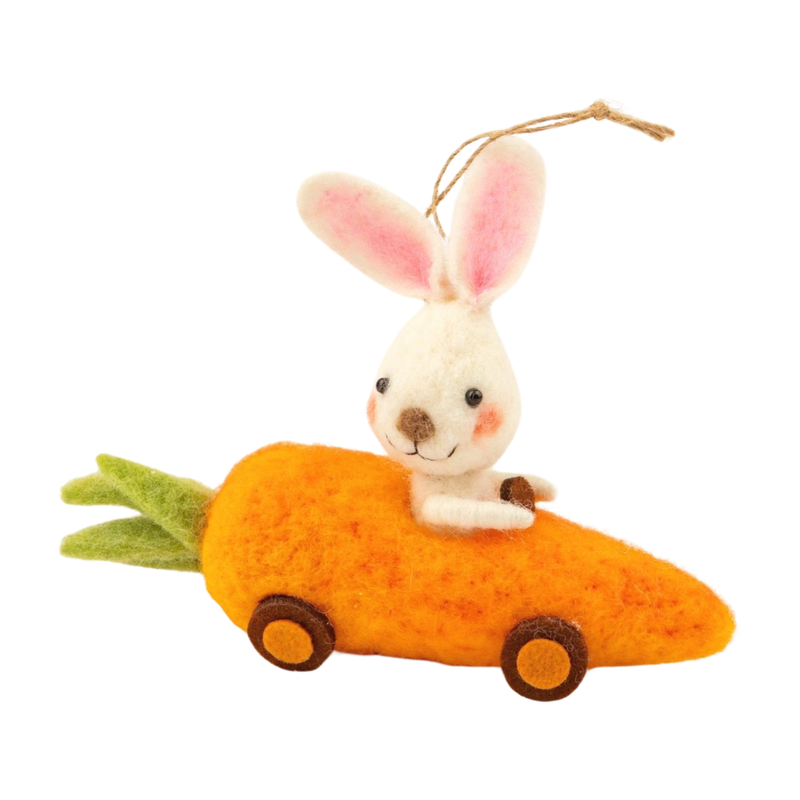 Felt bunny in carrot car ornament, 6.5 in  8              