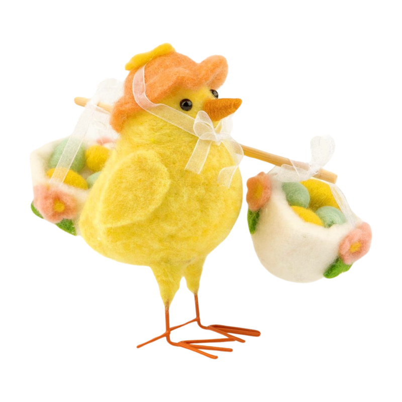 Felt chick carrying egg filled baskets on pole, orange felt hat, 7.5 in  4       