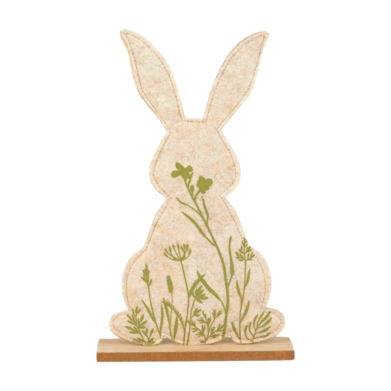 Felt bunny silhouette table piece, natural color with green floral embossing, 12 in  8       