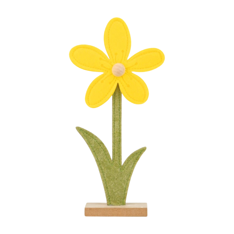 Felt daisy table piece, yellow with natural colour center, green leaves on wood base, 10 in  12       