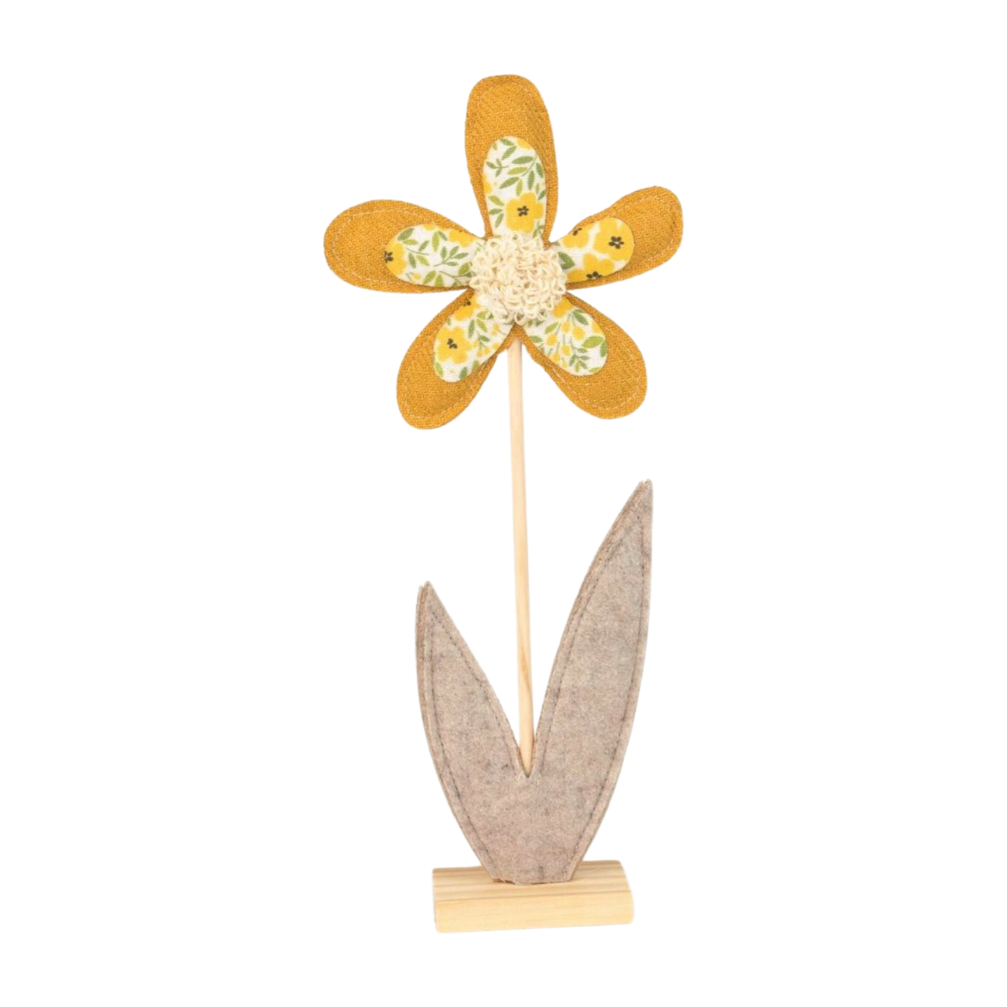 Floral fabric daisy table piece on wood base, 13 in  6       