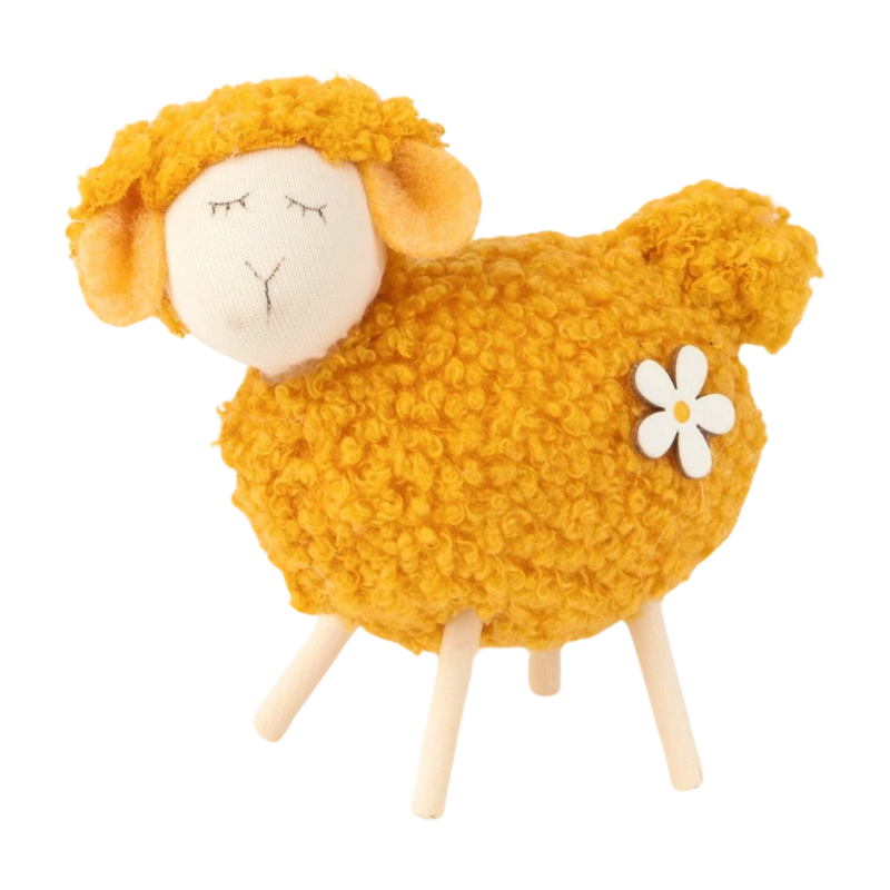 Fabric standing sheep table piece, light orange boucle with daisy trim, 3.75 in  6       