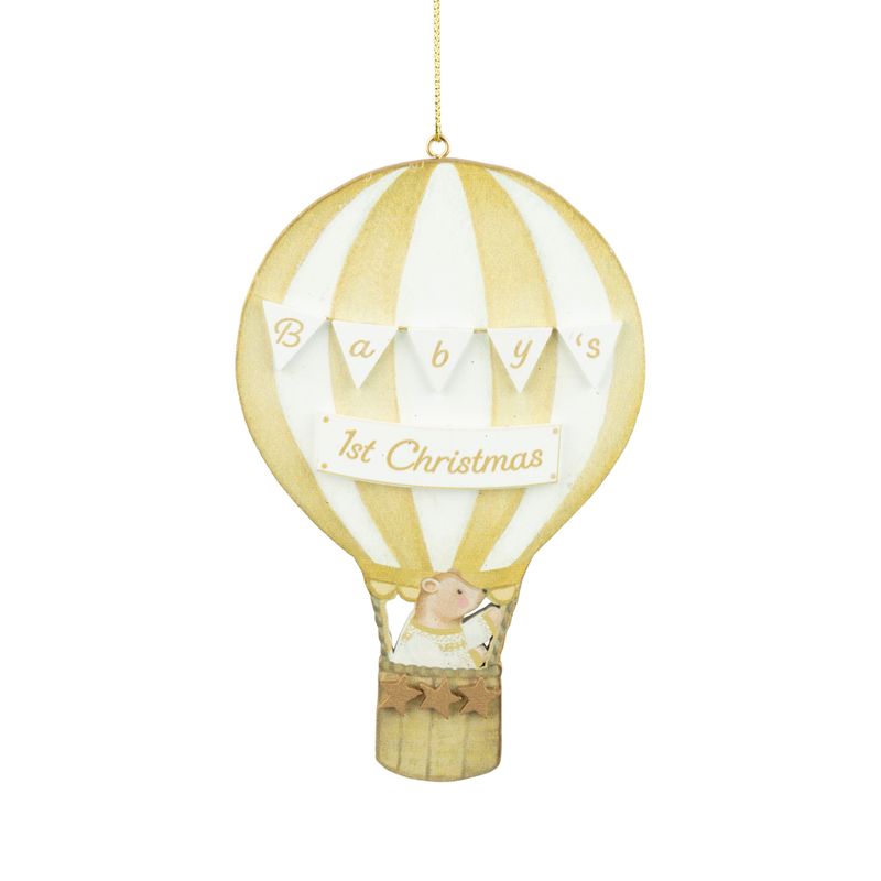 Pained hot air balloon ornament, gold with baby&#39;s 1st Christmas banner and baby bear in basket, 5.75 in  12      