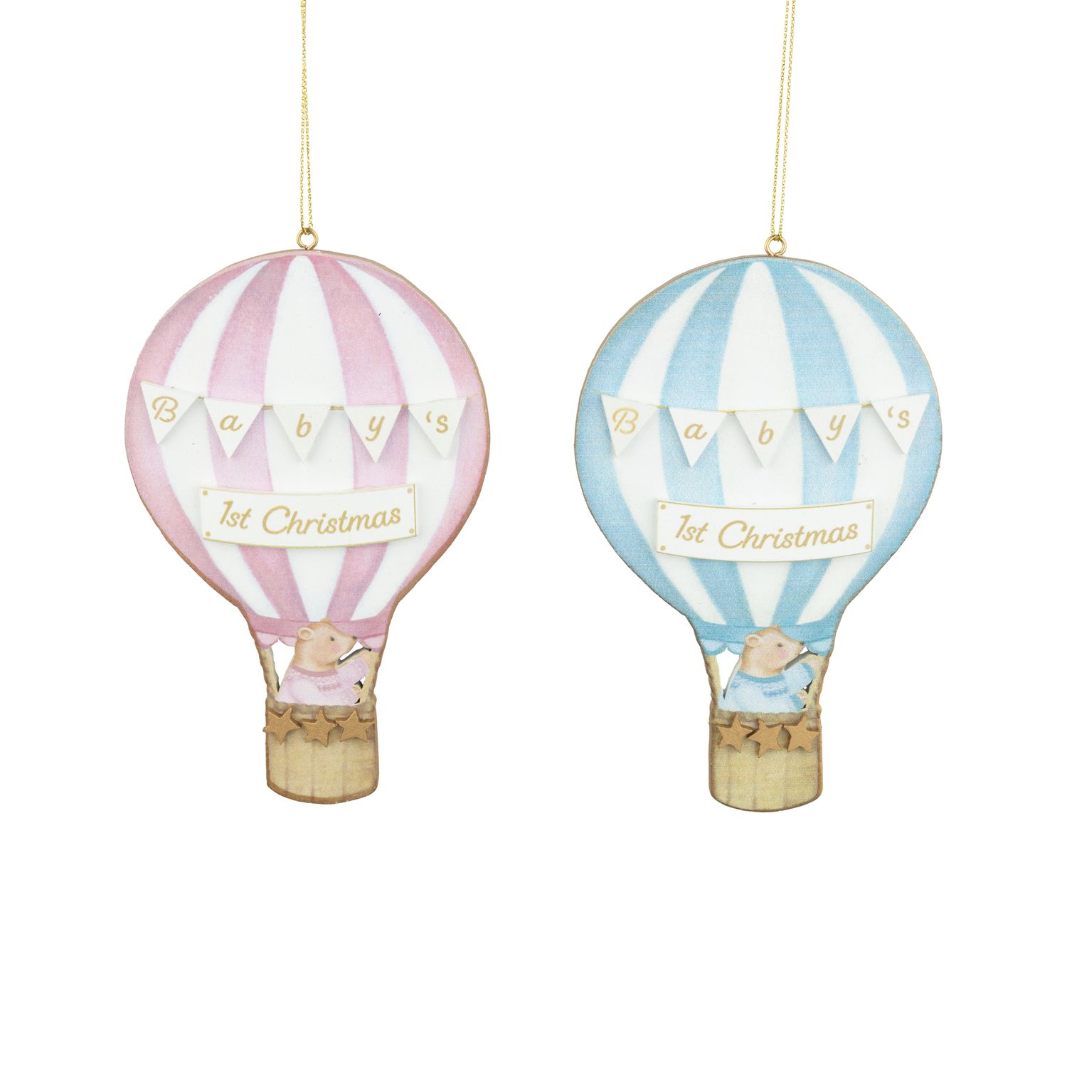 2 Asst&#39;d painted wood hot air balloon ornament, pink/blue with baby&#39;s 1st Christmas banner and baby bear in basket, 5.75 in  24      