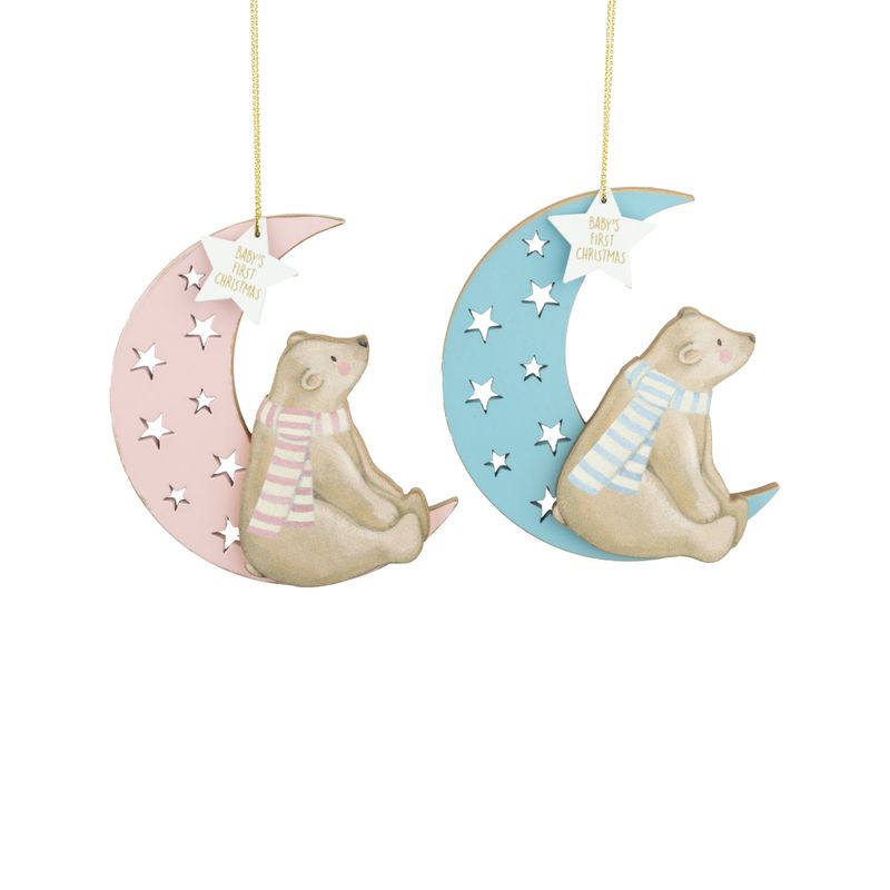 2 Asst&#39;d painted wood bears sitting on crescent moons with a star, pink and blue ornament, 4 in  24      