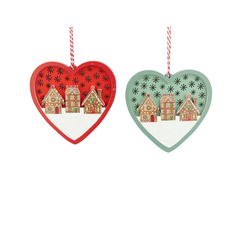 2 Asst&#39;d heart-shaped painted wood ornaments with gingerbread house village scenes, red and light green, 3.5 in  24      