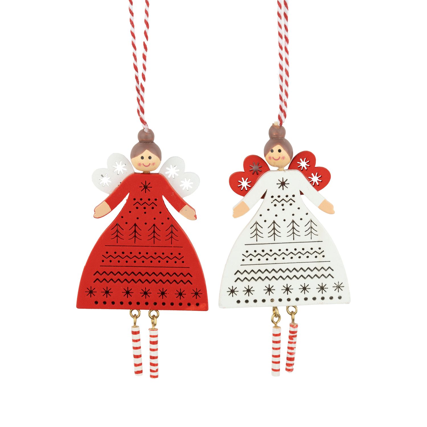 2 Asst&#39;d painted wood Scandi angel ornaments with red/white dresses, detailed patterns, and striped legs, 4 in  24      