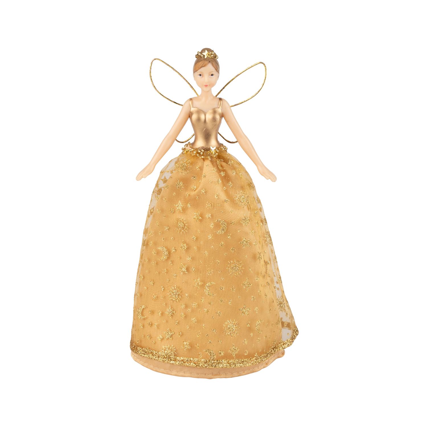 Fairy tree topper with gold fabric skirt glittered wire wings, 7.5 in  4      