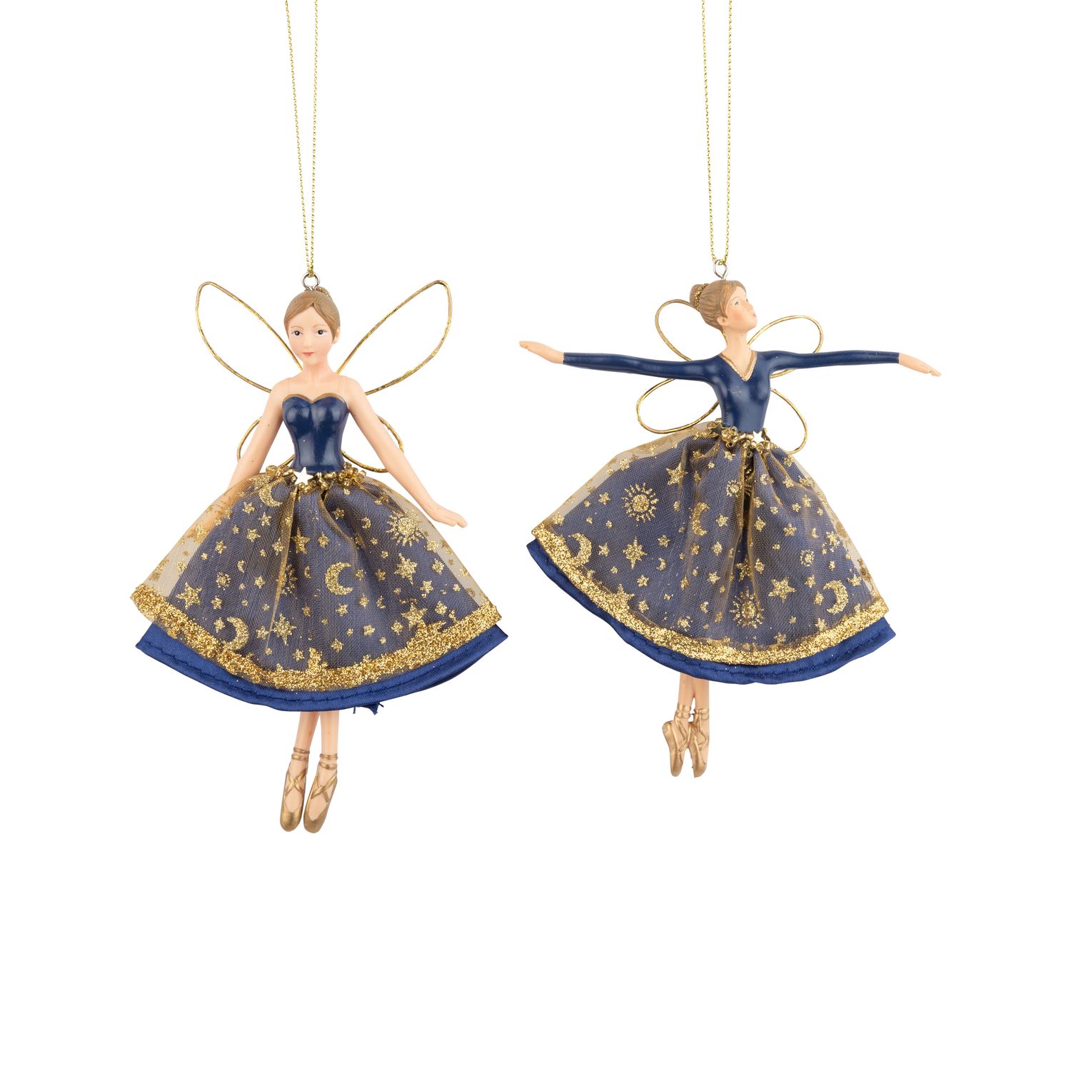 2 Asst&#39;d celestial fairy ornaments, deep blue &amp; gold dresses with glittered metal wings, 5.75 in  6      