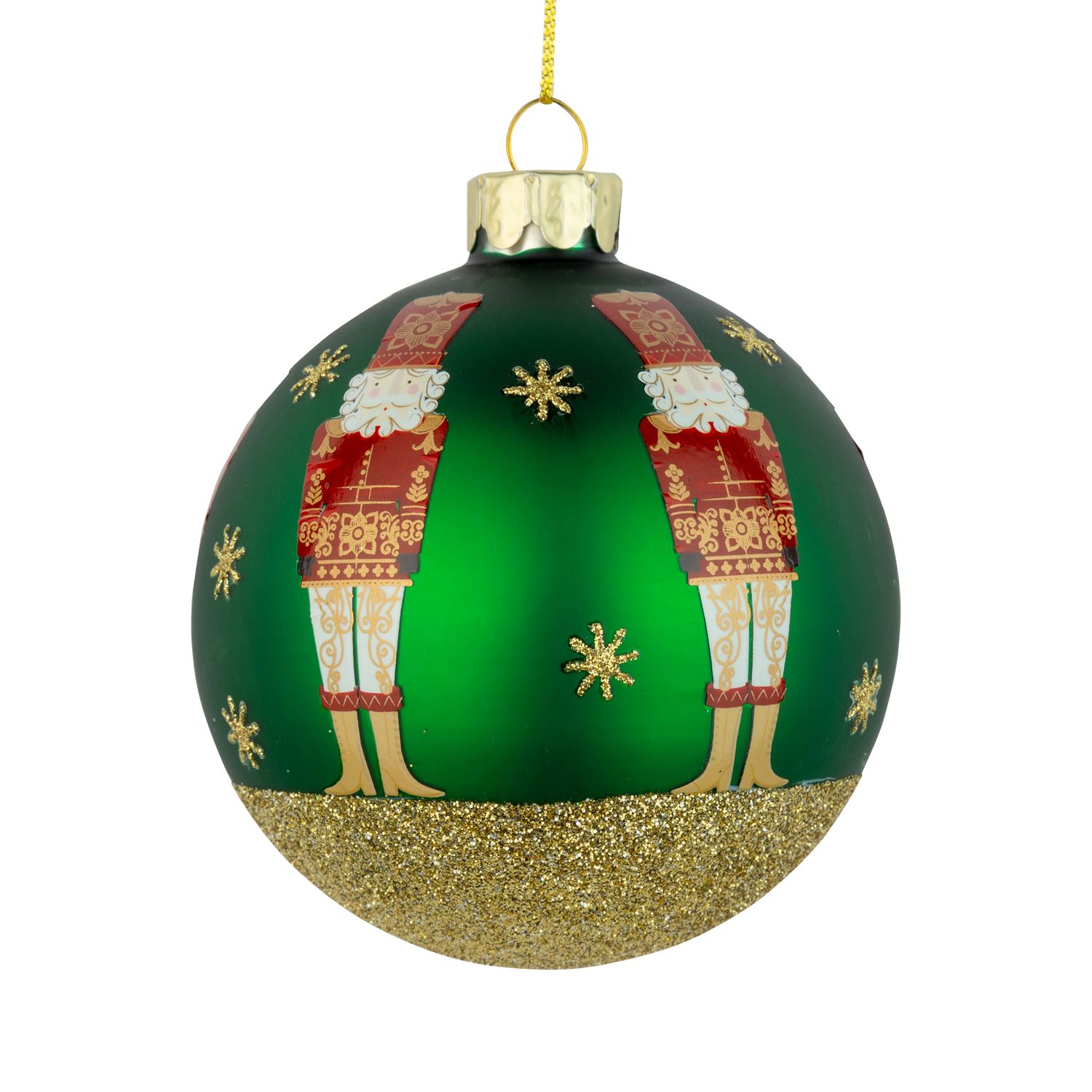 Glass ball ornament, matte dark green nutcracker gold glitter stars and base, 80mm/3 in  12      