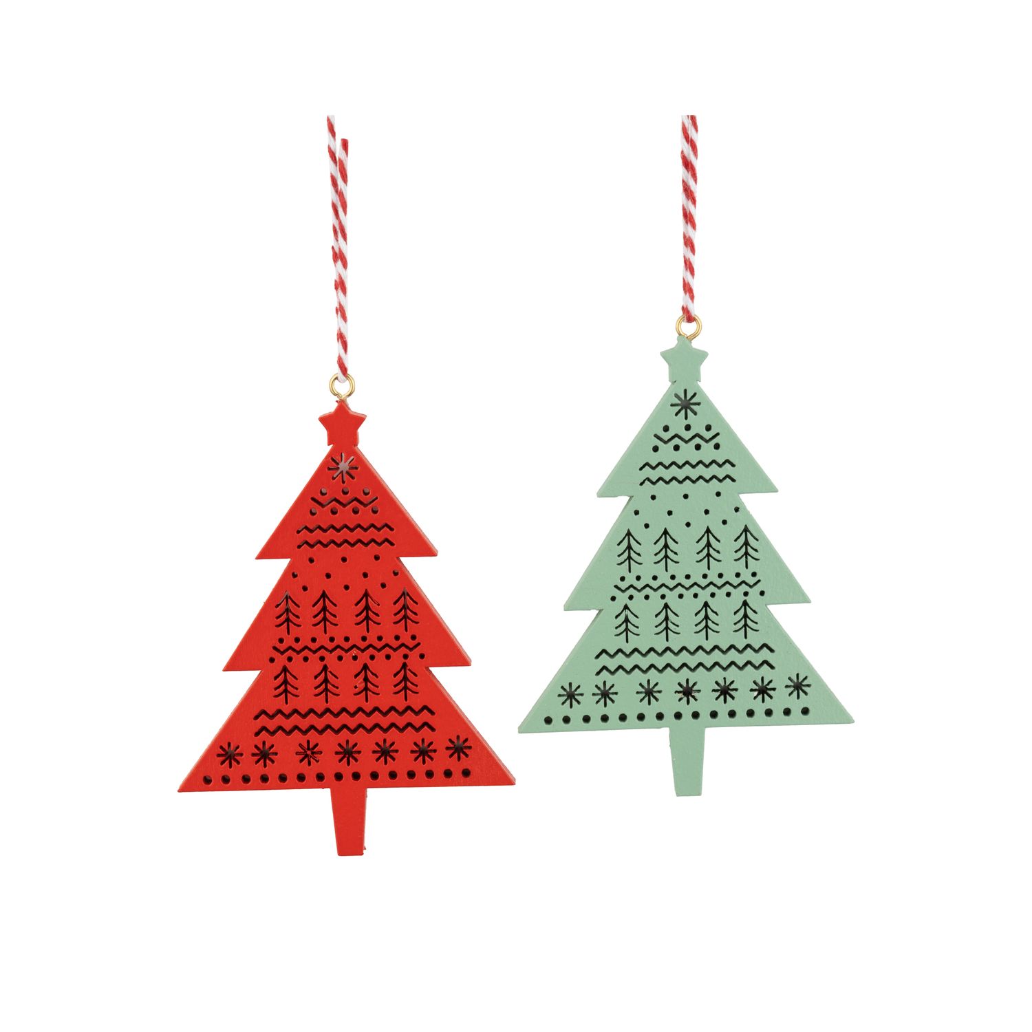 2 Asst&#39;d painted wood Scandi Christmas tree ornaments, 2 sided, 3.5 in  24      