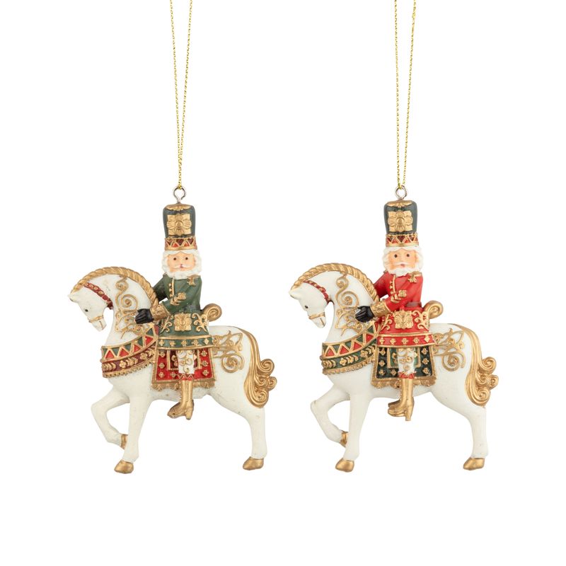 2 Asst&#39;d painted resin nutcracker Santa on horse back ornaments red and green, 3 in  6      