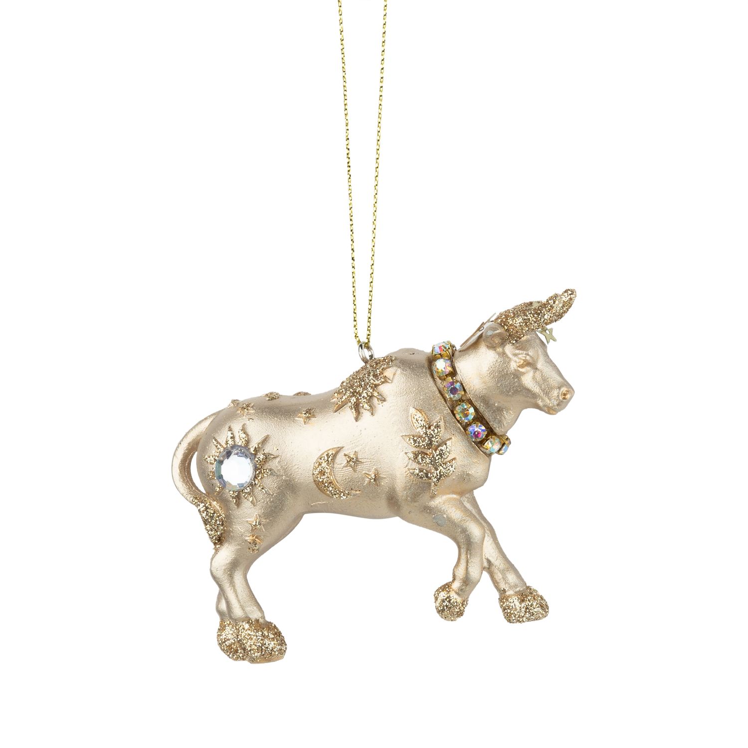 Golden resin celestial bull ornament, glittered and jeweled star pattern, 3.5 in  6      
