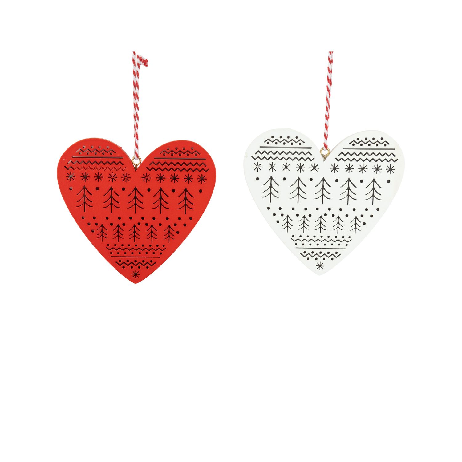 2 Asst&#39;d painted wood Scandi heart ornaments, 2 sided, 3.5 in  24      