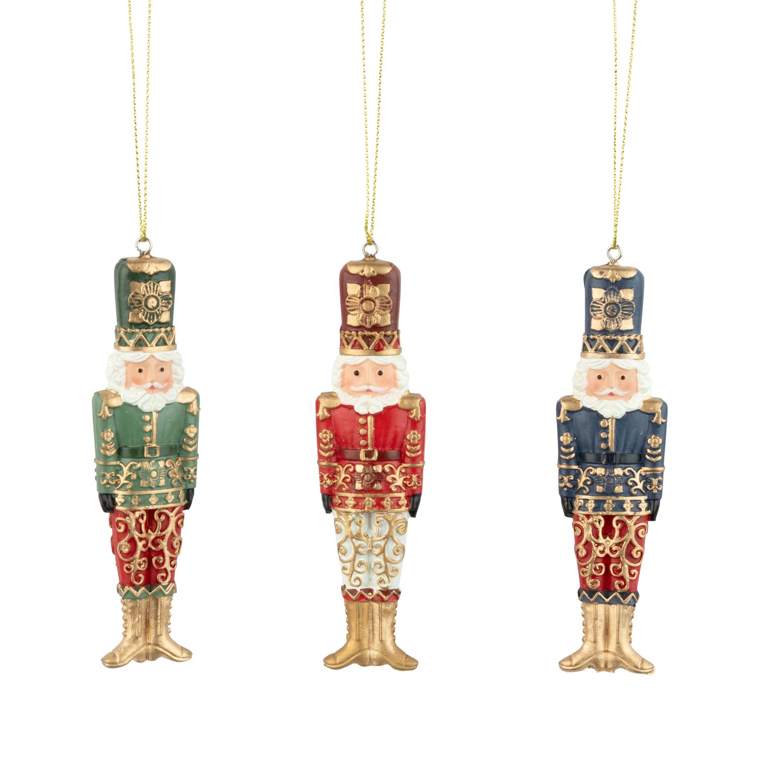3 Asst'd painted resin nutcrackers ornament, blue, green, red uniforms, gold accents, 4.5 in  12      
