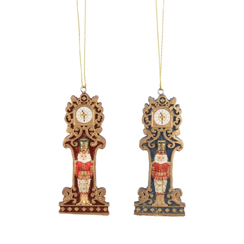 2 Asst&#39;d painted resin grandfather clock ornaments with nutcracker figures, red, blue and gold, 3.5 in  12      