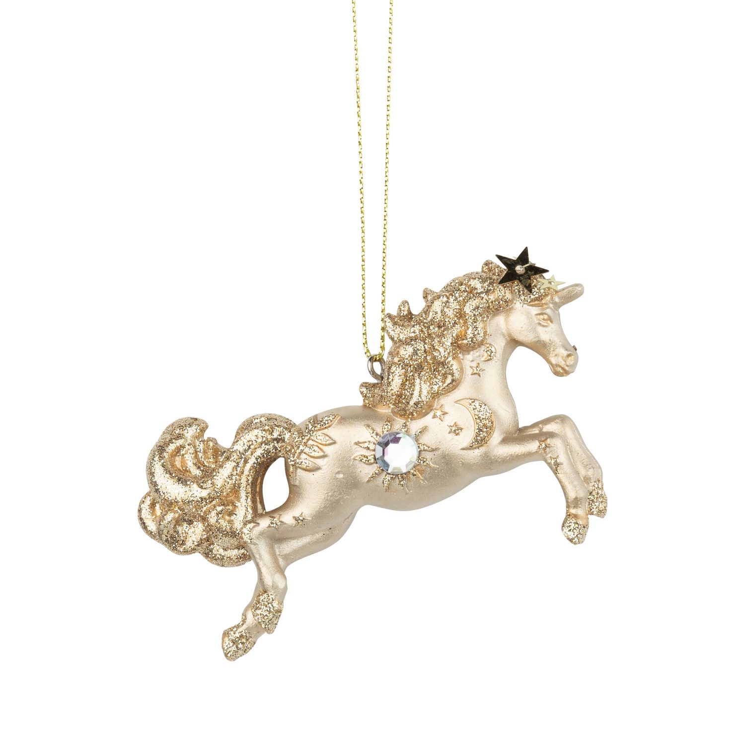 Golden resin celestial unicorn ornament , glittered and jeweled star pattern, 3.5 in  6      