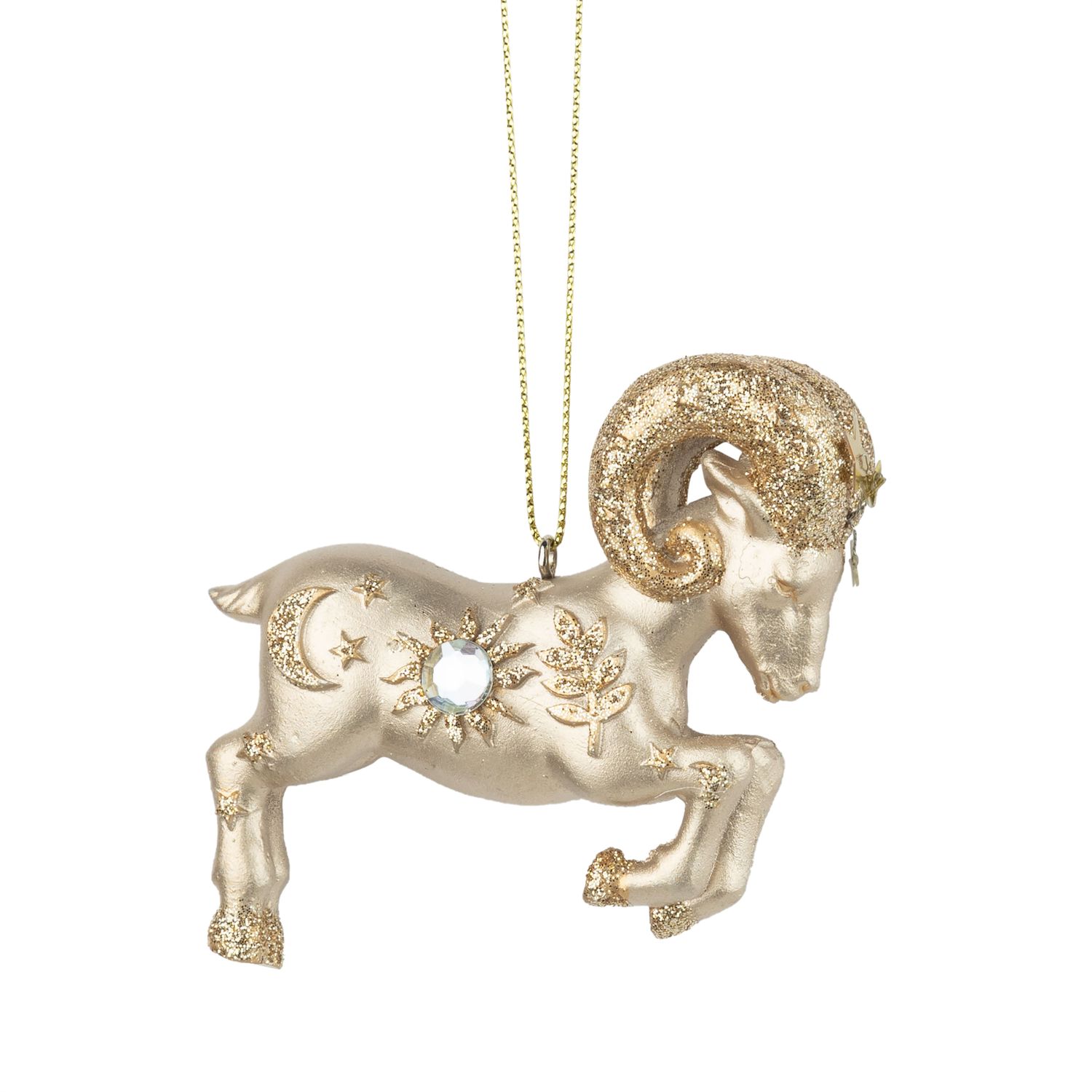 Golden resin celestial ram ornament cougar, glittered and jeweled star pattern, 3 in  6      