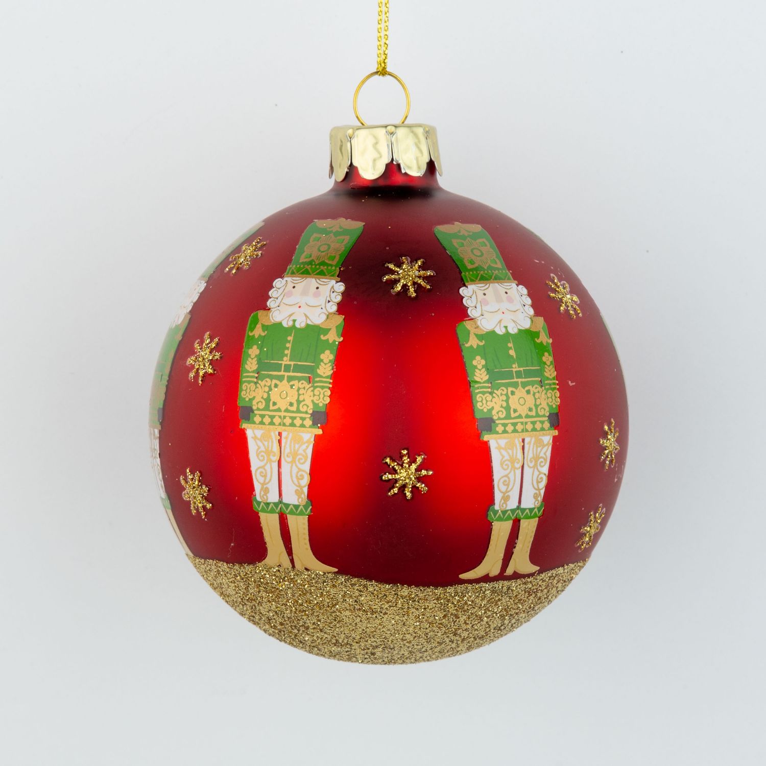 Glass ball ornament, matte dark red nutcracker, gold glitter stars and base, 80mm/3 in  12      