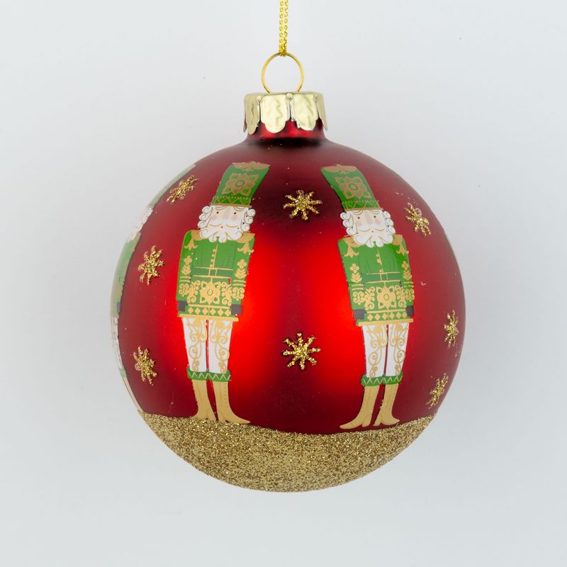 Glass ball ornament, matte dark red nutcracker, gold glitter stars and base, 80mm/3 in  12      