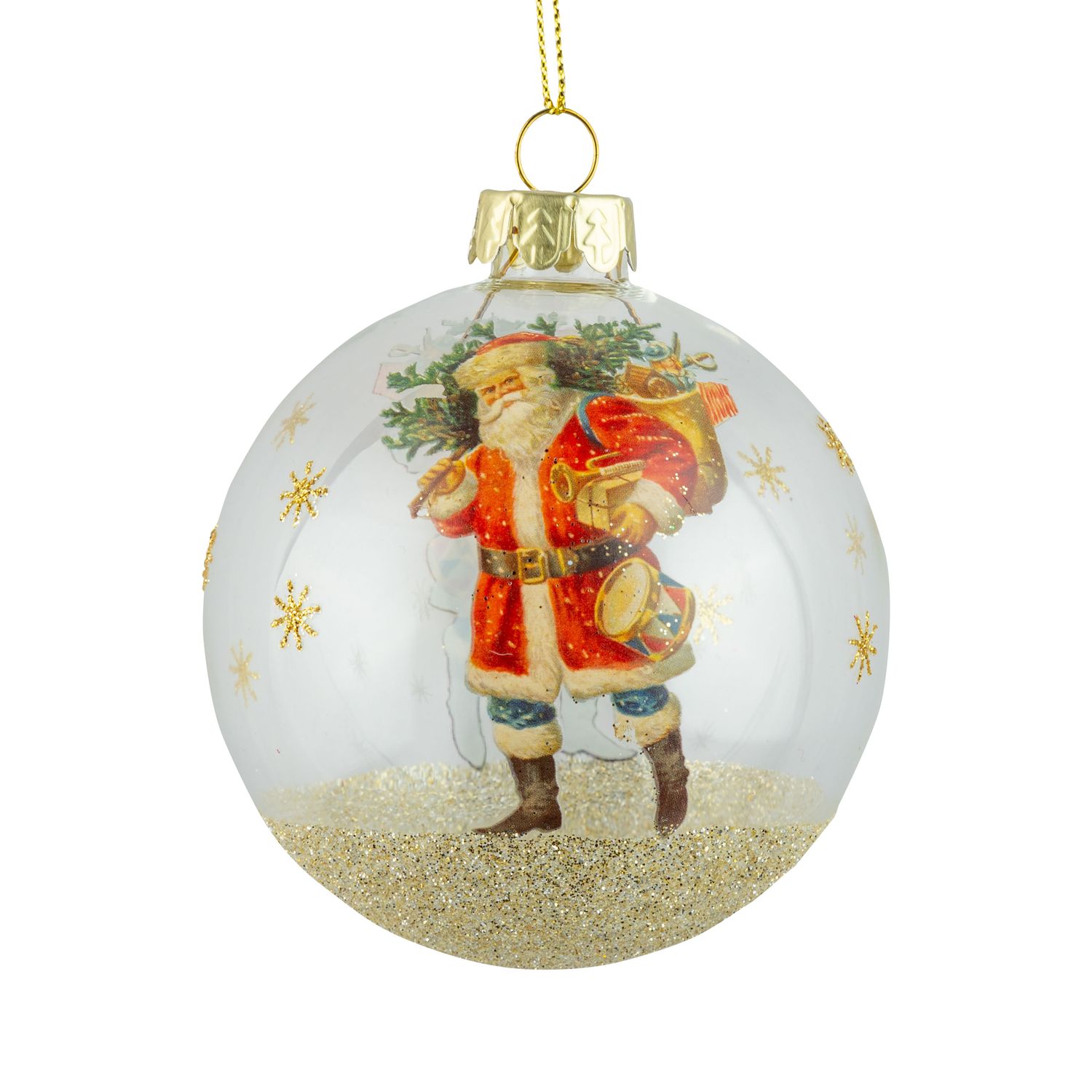 Glass ball ornament, clear, Santa &amp; glitter snow with gold stars, 80mm/3 in  12      