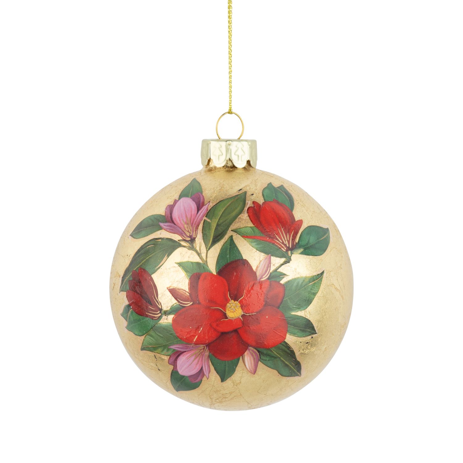 Glass ball ornament, gold foil and red magnolia, 80mm/3 in  12      