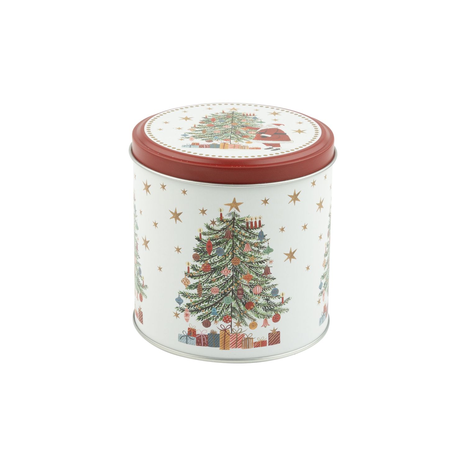 Printed tin lidded candy/cookie container, Santa and tree design, 4x4 in dia  12      