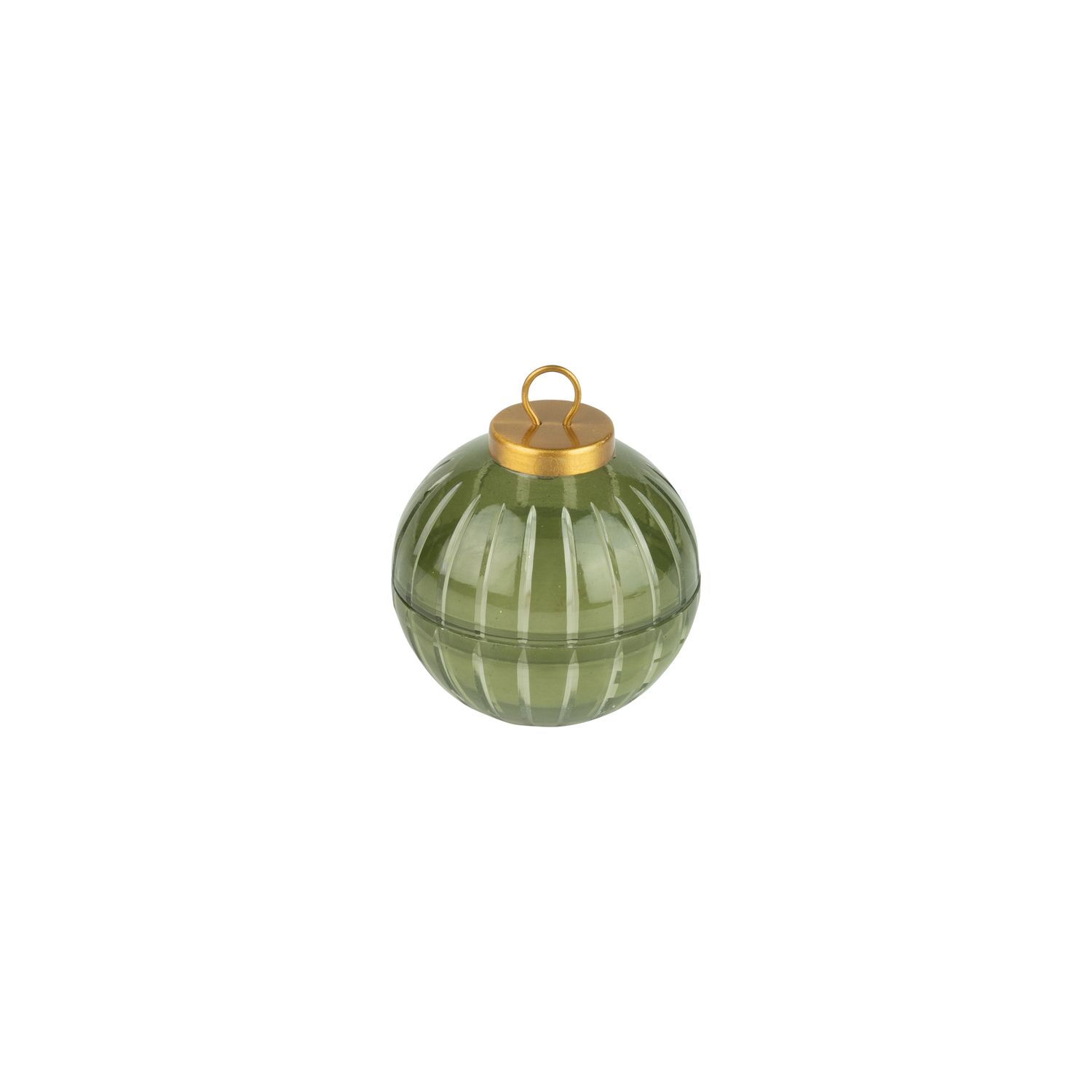 Lidded glass orb poured candle, translucent green with clear etched vertical bands, 3 wick lightly scented candle, 3.5x3.5 in  4      