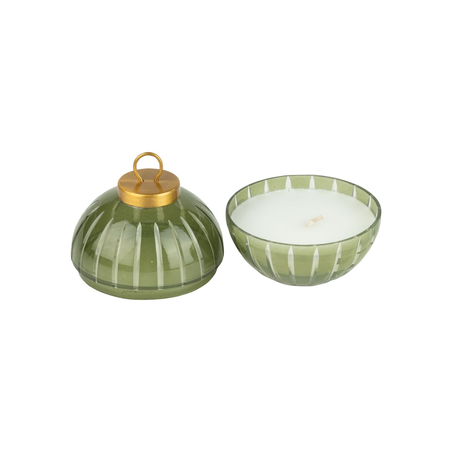 Lidded glass orb poured candle, translucent green with clear etched vertical bands, 3 wick lightly scented candle, 3.5x3.5 in  4      