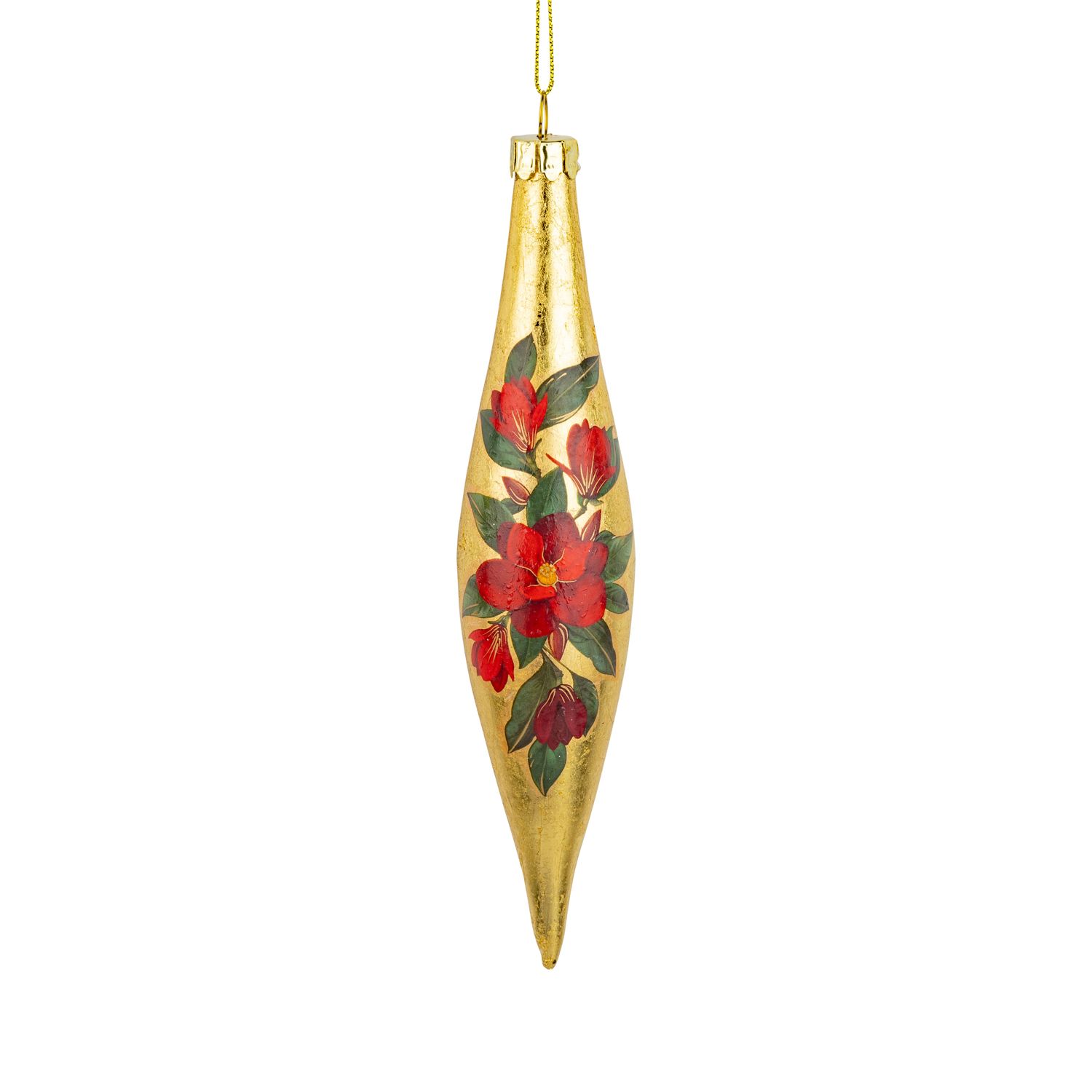 Glass teardrop ornament, gold foil and red magnolia, 7 in  12      