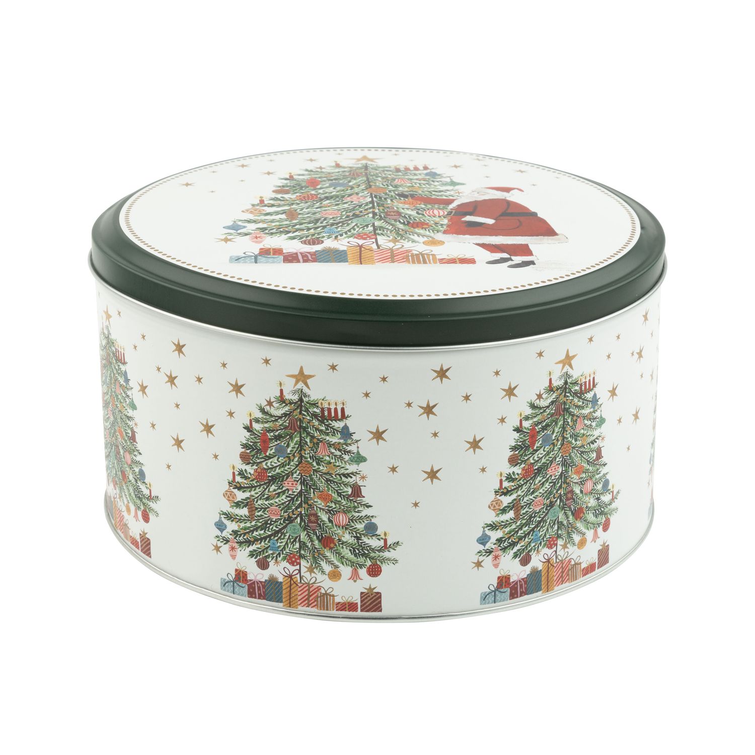 Printed tin lidded cake/cookie container, Santa and tree design, 5x9 in dia  6      