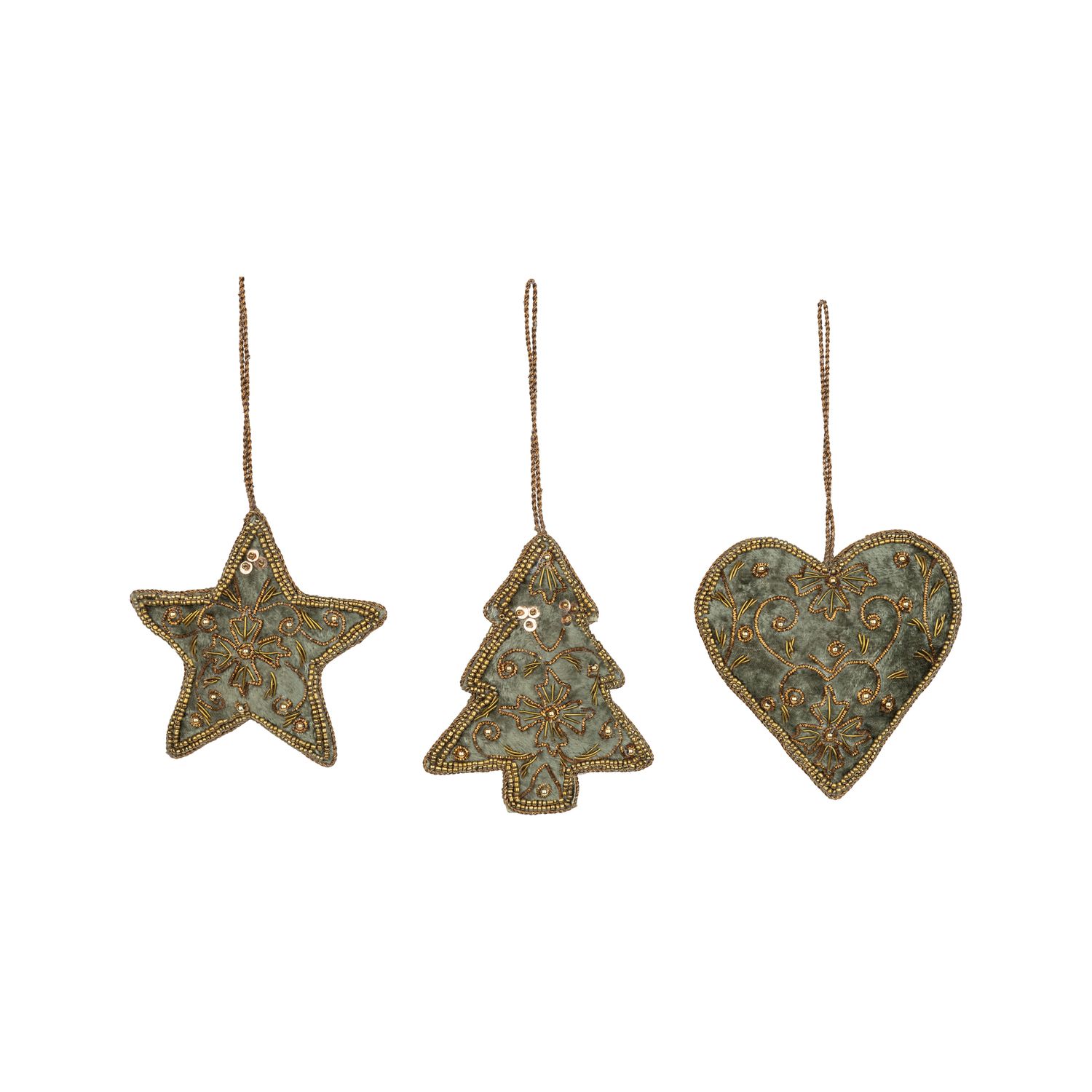 3 Asst&#39;d antique green velvet embroidered star, heart and tree, 2 sided, 4 in  12      