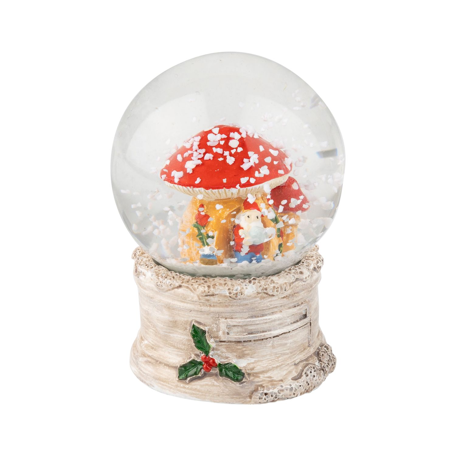 Resin mini snow globe, gnome and mushroom, white textured base, 45 mm/2.5 in  12      