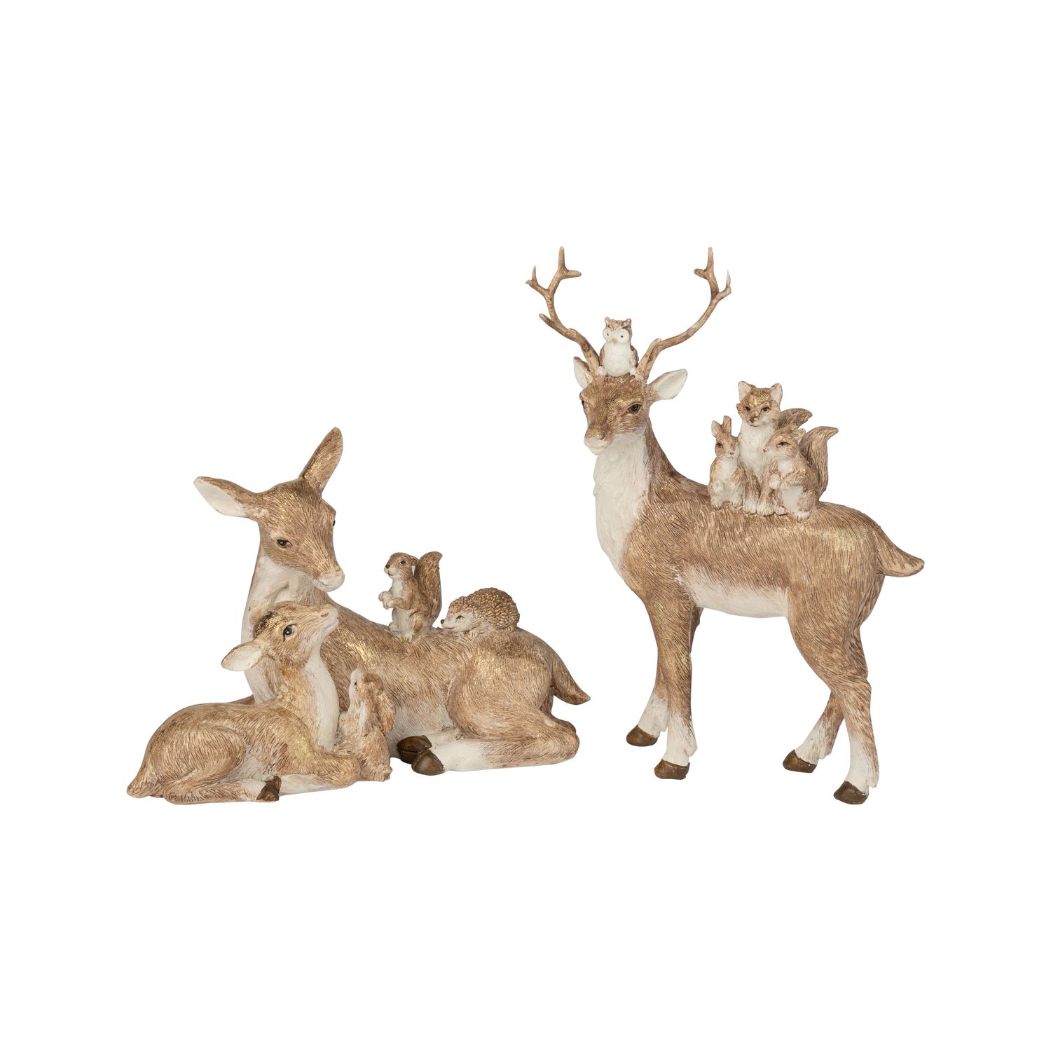 2 Asst'd painted resin reindeer and friends table pieces, white, beige and gold wash, 6x7+5x7 in h  4      
