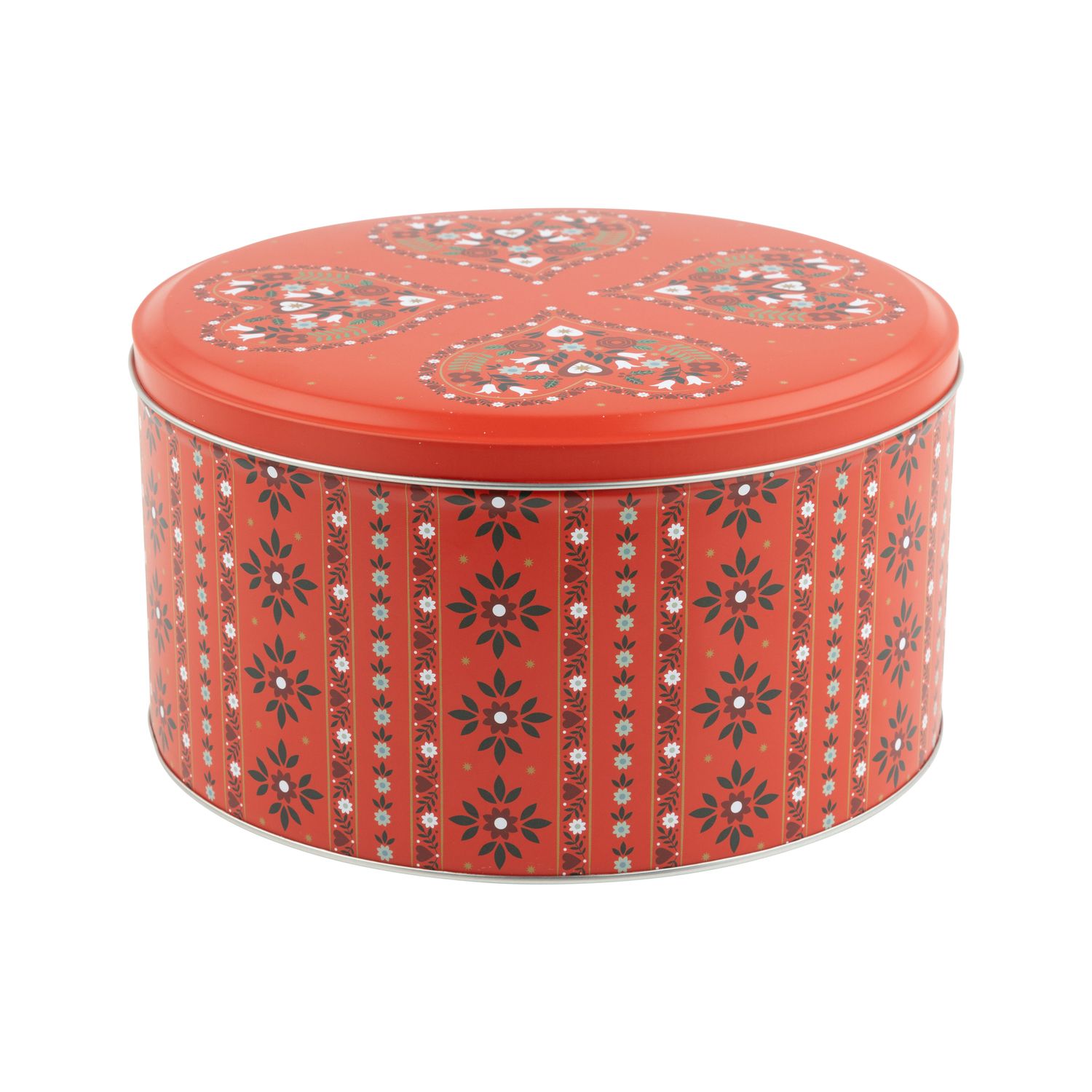 Printed tin lidded cake/cookie container, red scandi heart design, 5x9 in dia  6      