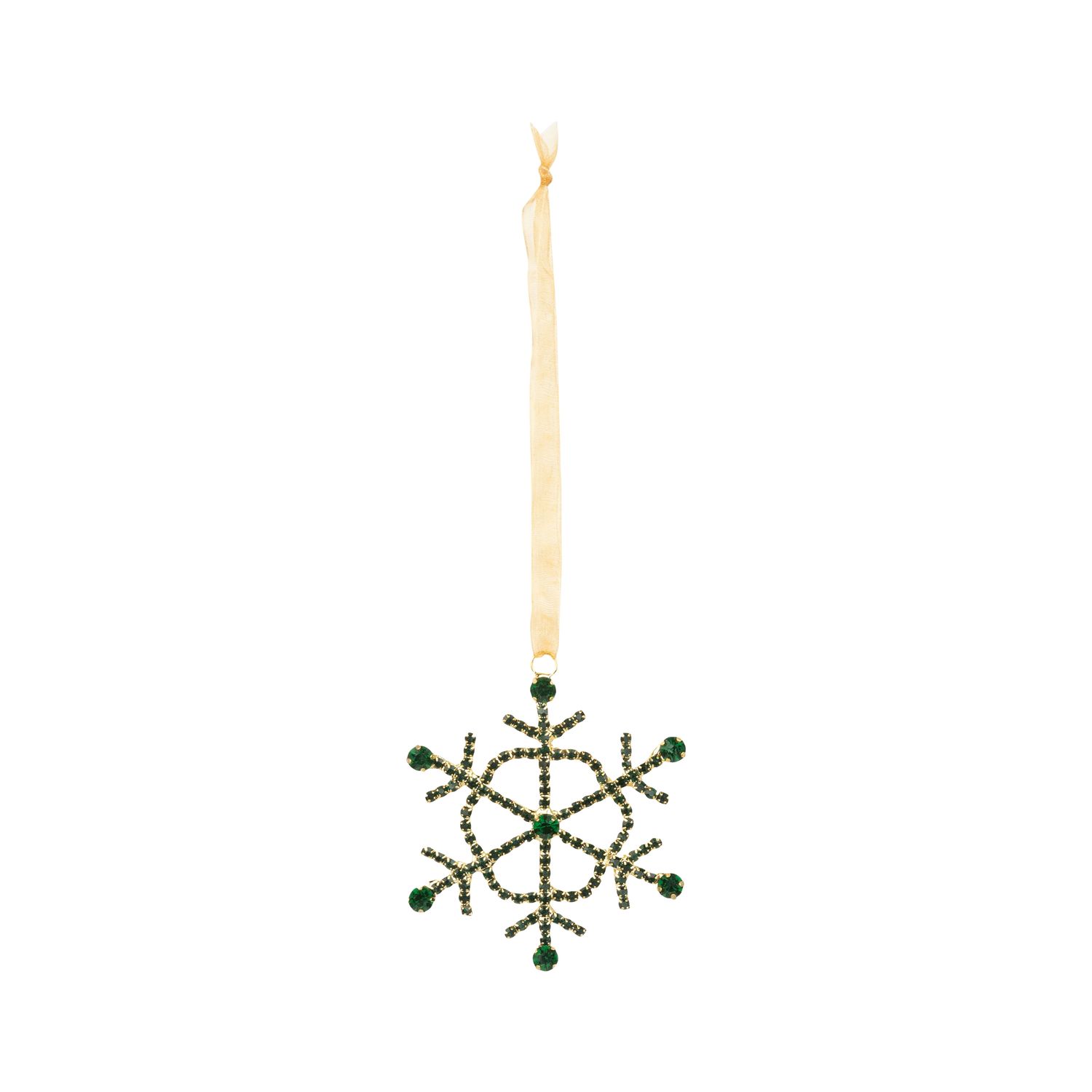 Green brilliant cut rhinestone on gold metal frame snowflake ornament, 2.75 in  12      