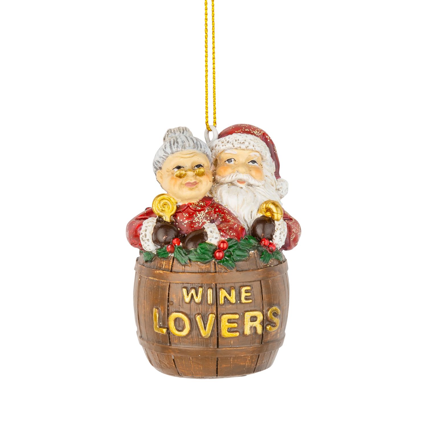 Painted resin Mr and Mrs Claus in wine barrel ornament, red, green, and gold, 2.75 in  8      