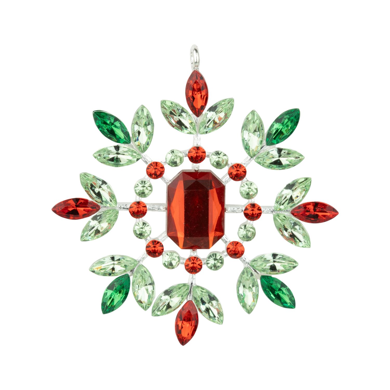 Snowflake gem ornament in cast metal frame, red and green, 3.75 in  6      